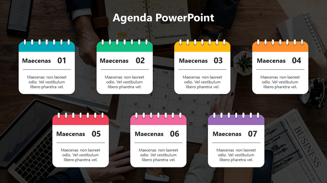 Vibrant agenda placeholders in flip calendar design numbered 01 to 06 with a business meeting background.