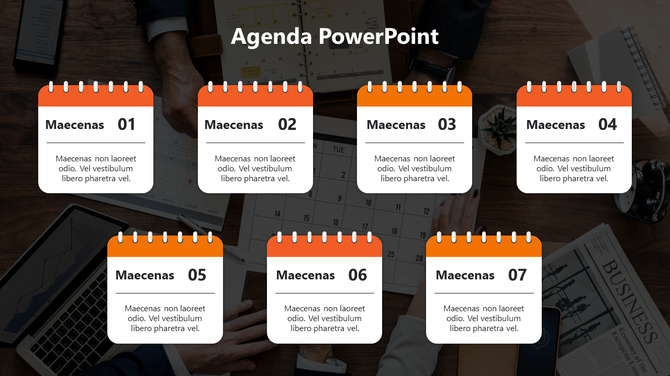 Agenda slide with seven orange and white calendar style cards arranged in a grid over a blurred office background.