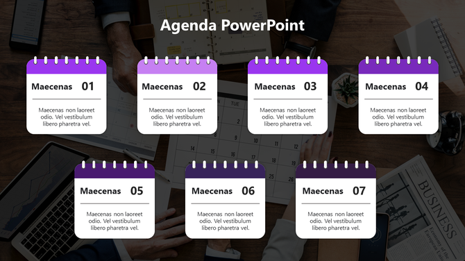 Agenda slide with seven purple calendar style boxes over a dark background featuring a desk setup.