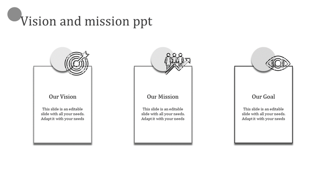 Minimalist vision and mission slide featuring icons for target, growth, and eye above labeled text boxes.