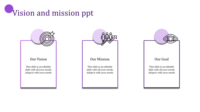 Three column vision and mission slide with purple icons for vision, mission, and goal placed with caption areas.