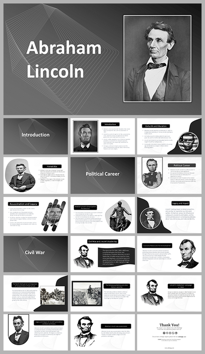 Black and white portrait of Abraham Lincoln on the right, with his name displayed in bold text on the left.