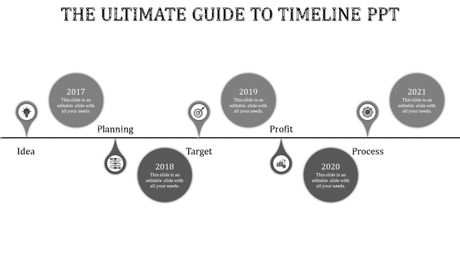 Timeline design with teardrop shaped markers on a black line, highlighting years 2017 to 2021 in gray tones.