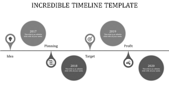 Four gray circular markers with icons, showing stages on a horizontal timeline labeled with years and phases.