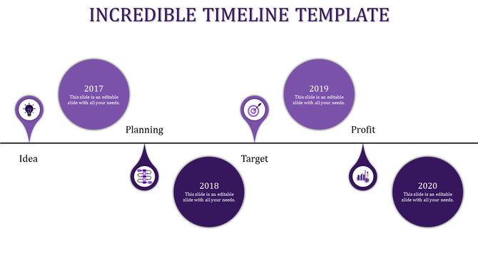Purple timeline template with key milestones from 2017 to 2020, featuring sections for each year with icons.