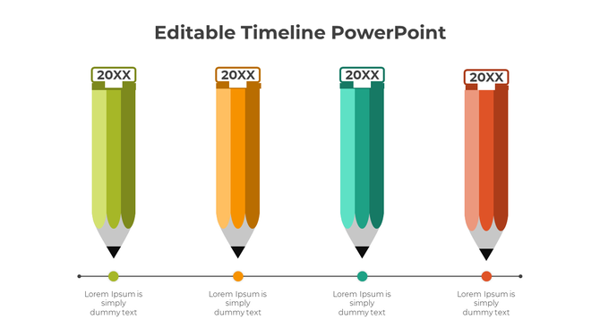 Timeline design showing four vertical pencils in gradient shades linked to a horizontal line with year markers.