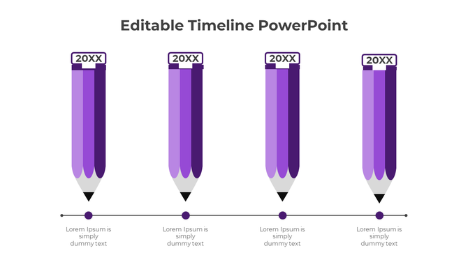 PowerPoint timeline template featuring purple pencils with year labels 20XX and placeholder text.