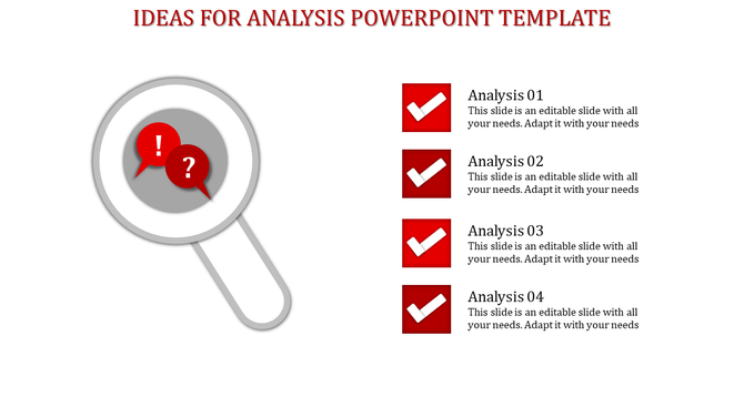 Red themed template featuring a magnifying glass with two speech bubbles and a checklist of four analysis points.