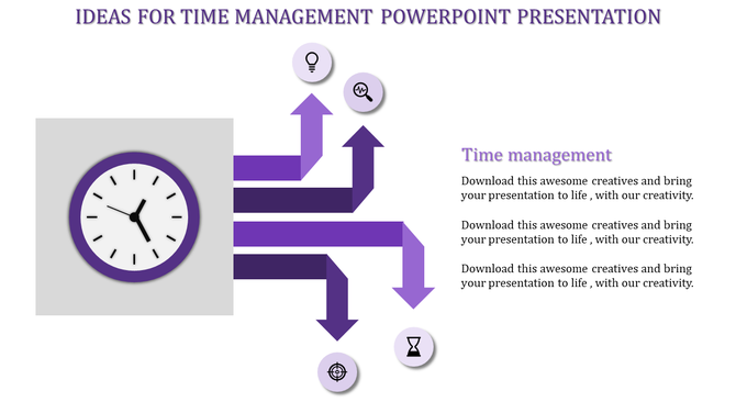 Gray background with a clock on the left and upward and downward pointing purple arrows leading to circular icons.