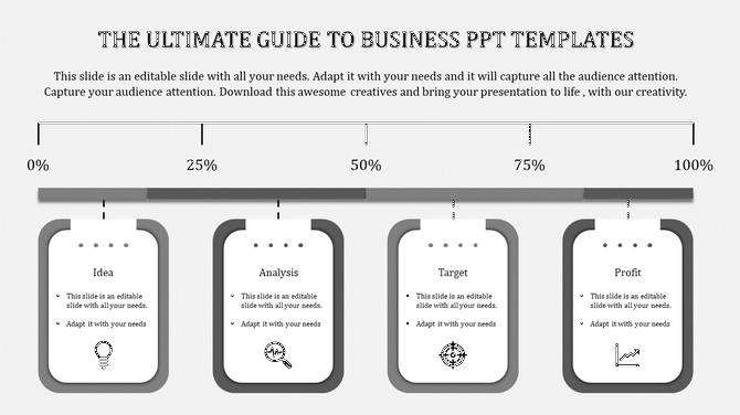Horizontal layout with four gray boxes showing a process with percentages and icons in a business template.