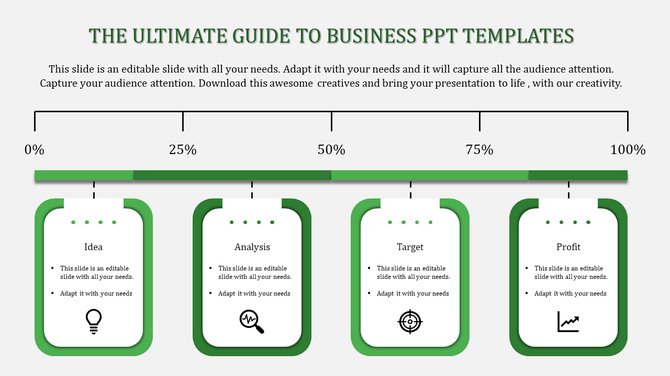 Business PowerPoint slide with a green progress bar and sections from Idea to Profit, each with icons and placeholder text.