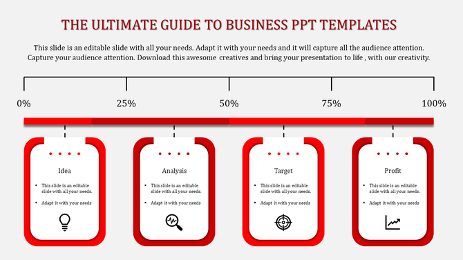 Business PowerPoint slide with a red progress bar and sections from Idea to Profit, each with icons and placeholder text.