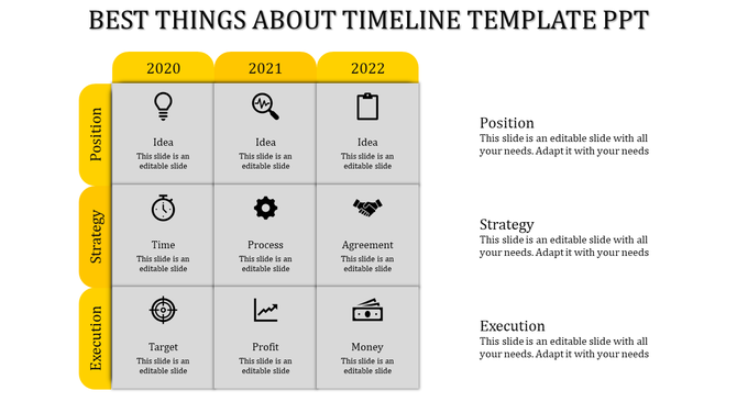 Grid style timeline design with yellow colored year labels and icons, each with placeholders for text.