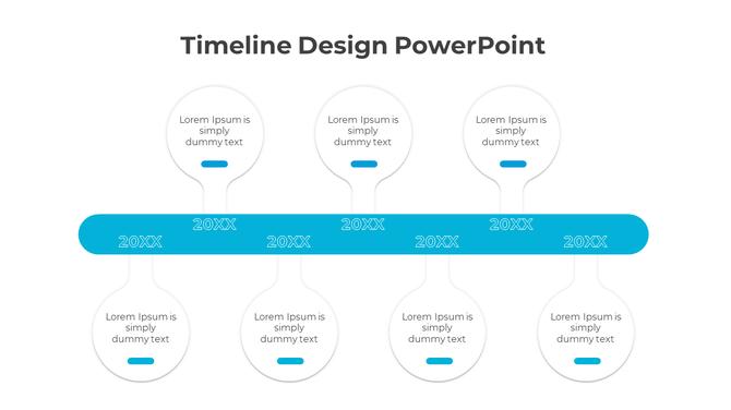 Multicolor horizontal timeline with circular nodes for 2014 to 2019, linked by a white line and caption boxes.