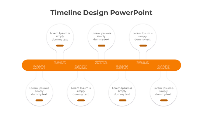 Orange timeline design PowerPoint template with placeholders for years and text under each point on a white backdrop.