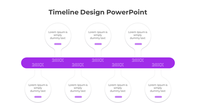 Green timeline bar with six '20XX' labels linked to white circular text bubbles, caption areas with green accents.