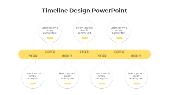 Yellow timeline design PowerPoint template with placeholders for years and text under each point on a white backdrop.
