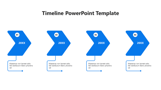 Timeline infographic featuring four blue chevron arrows, each labeled 20XX and connected to captions.