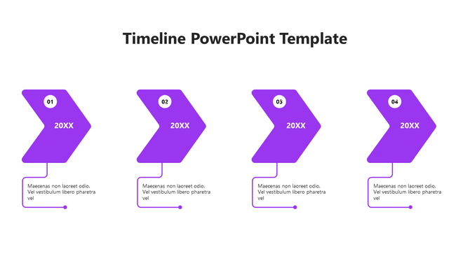 A minimalistic timeline PPT slide with four stages, labeled from 01 to 04 with purple arrows and placeholder text below.