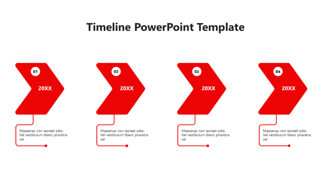 Four green arrow-shaped milestones labeled 01 to 04 with connector lines leading to placeholder text boxes