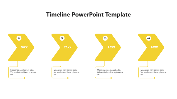 Timeline slide with four sequential yellow arrows, numbered from 01 to 04, each linked to text below.