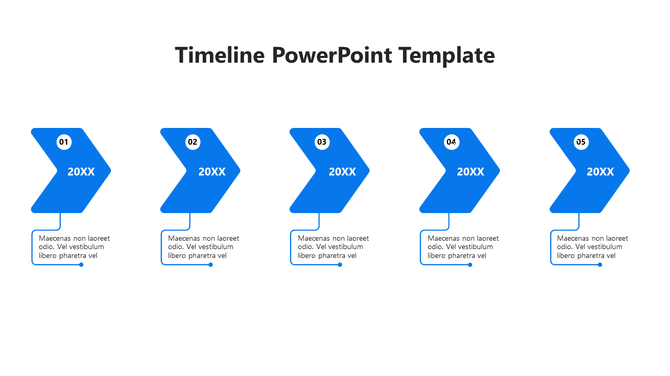 A timeline PowerPoint template with five blue arrow stages and placeholder text.