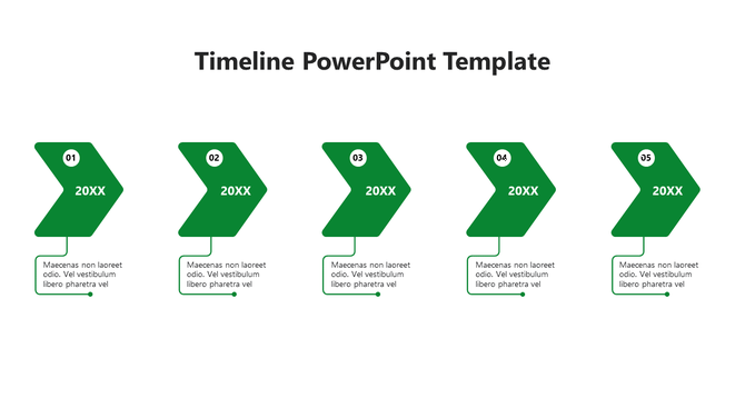 Timeline infographic with five sequential green arrows, numbered from 01 to 05, each connected to descriptive text.