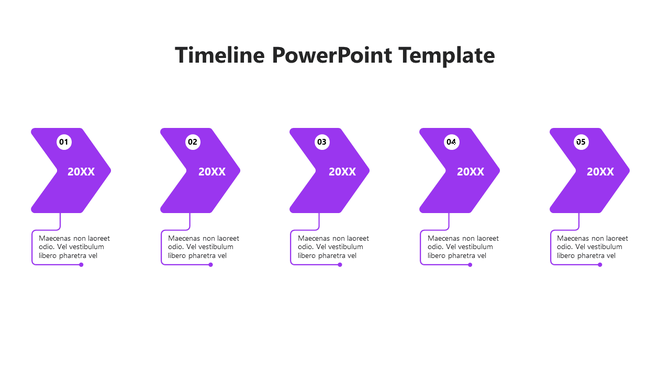 Horizontal timeline with five gray chevron arrows labeled 20XX and numbered 01 to 05, connected to description boxes.