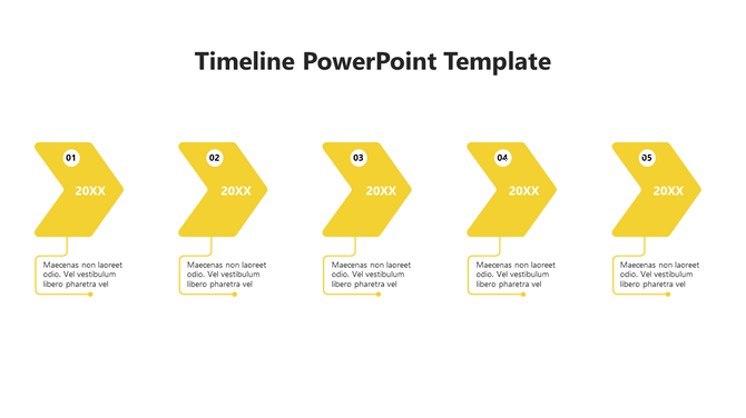 A yellow timeline PowerPoint template with five stages and placeholder text.