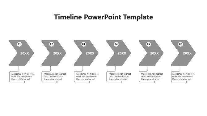 Timeline infographic with six sequential gray arrows, numbered from 01 to 06, each connected to descriptive text.