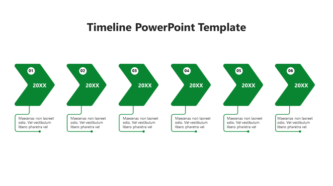 A green themed timeline PowerPoint template with six arrows, each with numbered stages and text placeholders.