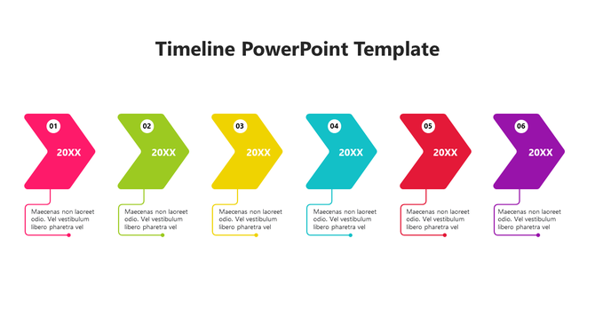 A vibrant, multi colored timeline PowerPoint template with six steps, each with its descriptions and icon.
