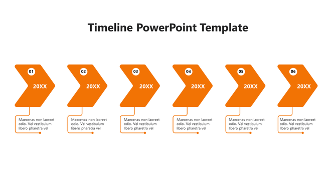 Timeline with six blue chevron arrows labeled 01 to 06 and placeholders for years 20XX on a white background.