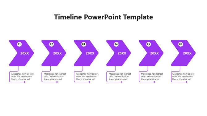 Horizontal timeline with six purple chevron shaped steps labeled 20XX, each linked to a text box below.