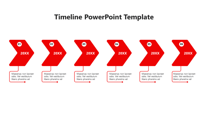 A red themed timeline PowerPoint template with six arrows and numbered stages for each step.