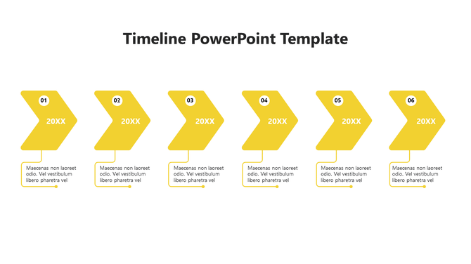 Six step timeline diagram using orange chevron arrows labeled 01 to 06 with year placeholders and description boxes.