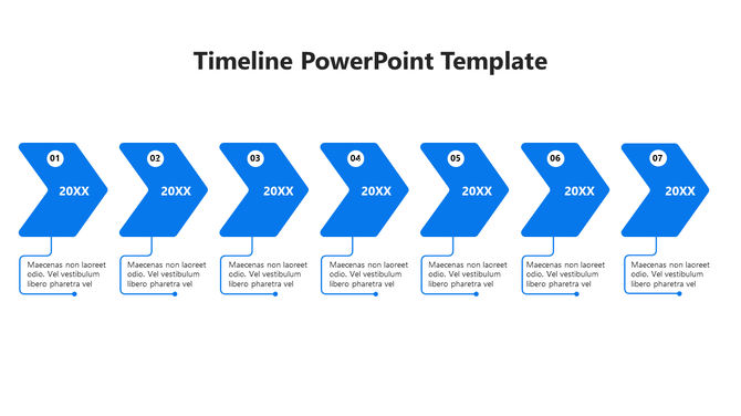 A PPT template showcasing a timeline with numbered blue color arrows from 1 to 7 and placeholder text below each section.
