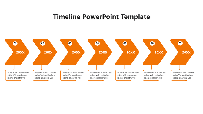 A PPT template showcasing a timeline with numbered orange color arrows from 1 to 7 and placeholder text below each section.