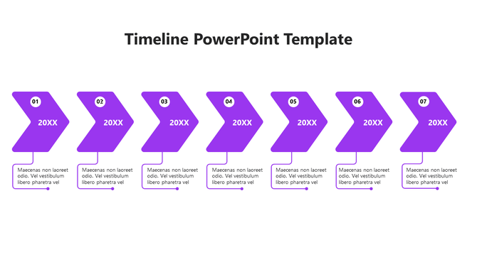 Timeline diagram showing seven gray arrows numbered 01 to 07 with placeholders for text below each step.