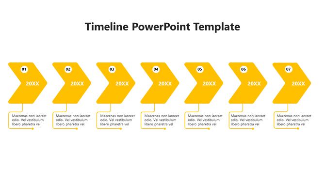 A timeline PowerPoint template with seven yellow arrows, each representing a different year and space for descriptions.