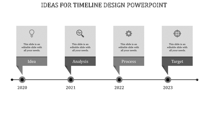 Sequential timeline with  four gray highlighted steps, each marked with a year and icon for various business stages.