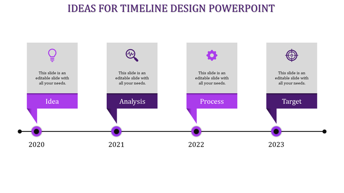 Timeline design with purple accents and gray boxes, detailing four business steps for 2020 to 2023.