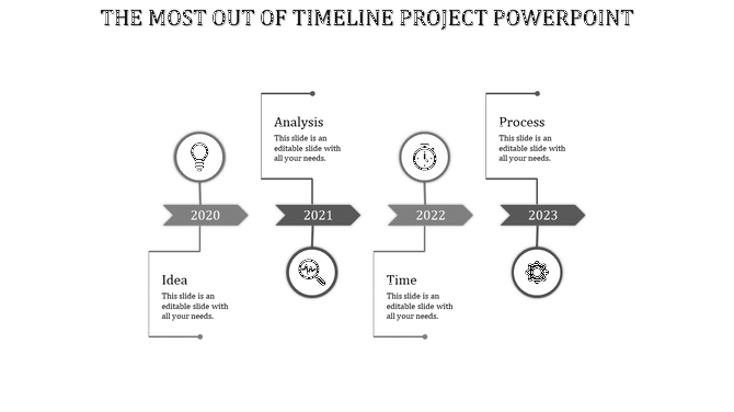 Gray timeline featuring four arrows, each with an icon, displaying business stages in 2020 to 2023 with labeled years.