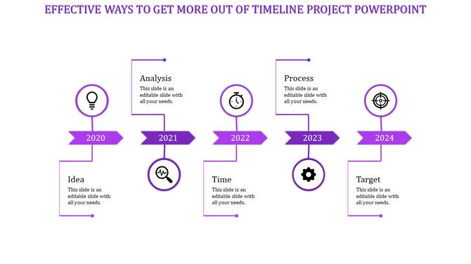 Horizontal grayscale timeline showing milestones for Idea, Analysis, Time, Process, and Target from 2020 to 2024.