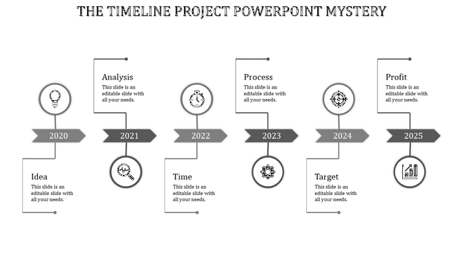 Timeline with purple arrows and circular icons for stages: Idea, Analysis, Time, Process, Target linked to corresponding years.