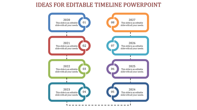 A timeline PPT slide with milestones from 2020 to 2027, each represented by a colored rectangular box and numbers.