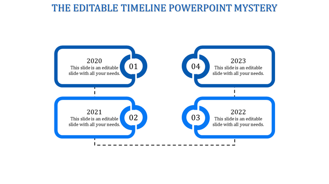 Blue timeline infographic featuring four rectangular labels with rounded edges, and a sequential flow from 2020 to 2023.