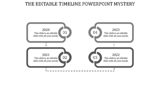 A simple timeline PPT slide displaying milestones from 2020 to 2023, with gray numbered boxes and dashed connecting lines.
