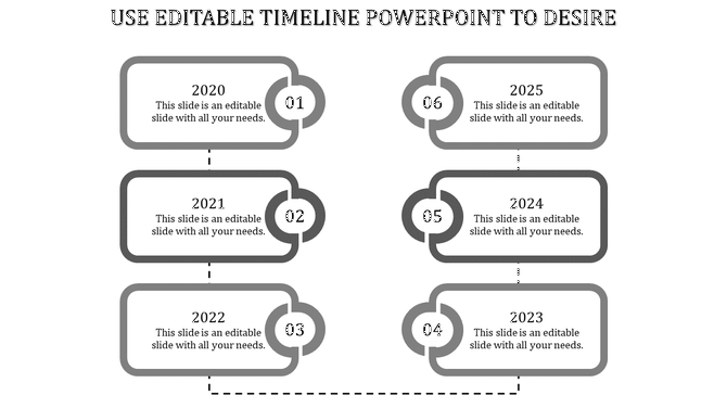 A clean timeline PPT slide featuring six years 2020 to 2025, each marked by a rectangular box and connected by dotted lines.