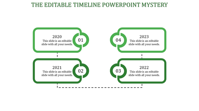 Four rectangular boxes timeline with circular connectors, color-coded as blue, red, teal, and orange for 2020 to 2023.